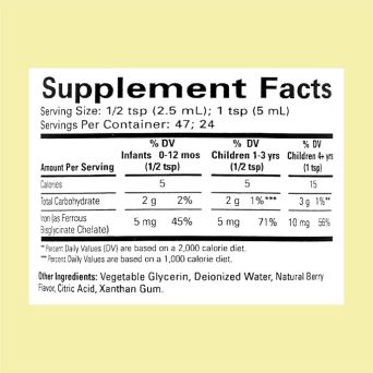 ChildLife Liquid Iron supplement facts showing 10mg iron bisglycinate per teaspoon and dosing by age