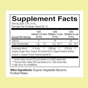 ChildLife Organic Gripe Water supplement facts: ginger, dill, kiwifruit and fennel blend per 2ml serving