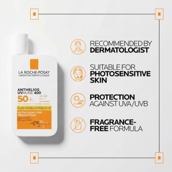La Roche-Posay Anthelios UVMune 400 Invisible Fluid SPF50+ key features for sensitive and photosensitive skin