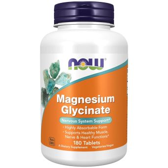 NOW Magnesium Glycinate 180 tablets bottle, highly absorbable Albion bisglycinate for nerve and muscle support