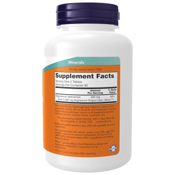 NOW Magnesium Glycinate supplement facts, 200 mg elemental magnesium per 2-tablet serving from Albion bisglycinate