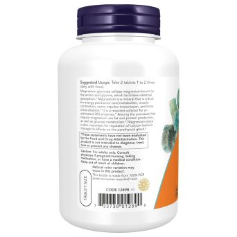 NOW Magnesium Glycinate directions: take 2 tablets one to two times daily with food, vegetarian coating, adults only