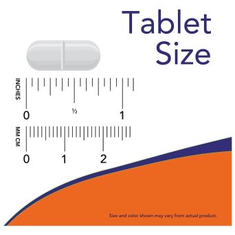 NOW Magnesium Glycinate tablet shown against a ruler, around one inch, oval and easy to swallow