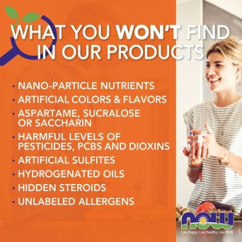 NOW Foods purity promise, no artificial colours, flavours, sweeteners, hydrogenated oils or unlabelled allergens