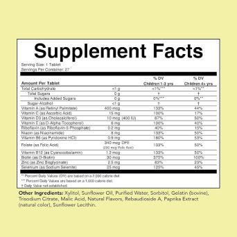 ChildLife SoftChew supplement facts showing 12 vitamins and minerals per tablet with daily values by age