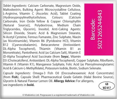 Detailed ingredient list including L-Methylfolate, calcium, vitamin D, iron, and essential nutrients