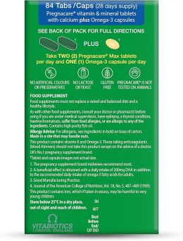 Side view of Pregnacare Max pack displaying dosage instructions and nutritional information for tablets and Omega-3 capsules