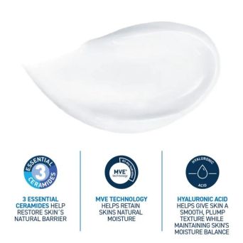CeraVe Moisturizing Cream texture with 3 ceramides, MVE technology and hyaluronic acid benefits