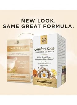 New packaging of Solgar Comfort Zone Digestive Complex – updated bottle design with 90 vegetarian capsules for advanced digestive support
