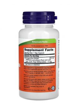 NOW Ashwagandha 450mg 90 Veg Capsules supplement facts and ingredients