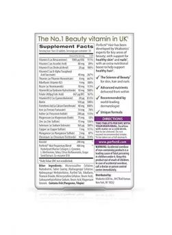 Supplement facts and usage instructions for Vitabiotics Perfectil Plus Hair Tablets 60’s with detailed vitamin and mineral content