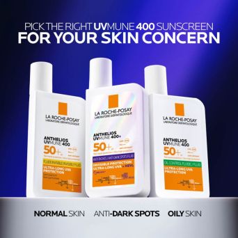UVMune 400 range comparison: invisible fluid for normal skin, anti-dark spots fluid, and oil control fluid variants