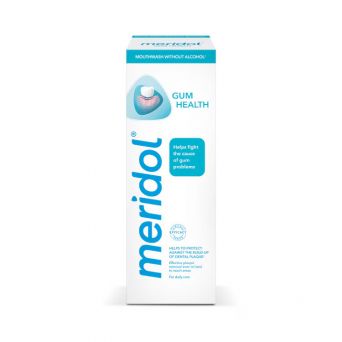 Meridol Mouthwash 400ml package showing protective gum care formula for daily oral hygiene