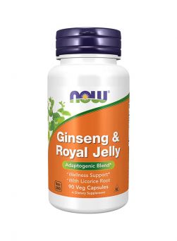 NOW Ginseng & Royal Jelly 90 Veg Capsules front view – Adaptogenic blend with ginseng, royal jelly, and licorice root