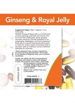 NOW Ginseng & Royal Jelly Capsules packaging with usage instructions, cautions, and ingredient details