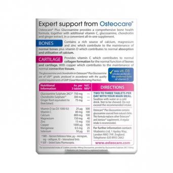 Back view of Vitabiotics Osteocare Plus Glucosamine & Chondroitin Tablets with nutrition information