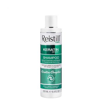 Reistill Keratin Infusion Shampoo 250 ml – restructuring and nourishing shampoo with keratin and argan oil for coarse damaged hair, front packshot on white background