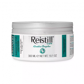 Reistill Keratin Complex Hair Mask 300 ml for fine damaged hair with keratin and argan oil on white background