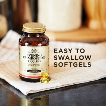 Solgar Evening Primrose Oil 1300mg bottle with skin-supporting softgels