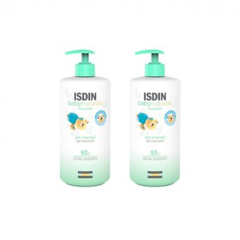 Promo pack of Isdin Baby Naturals Gel Shampoo 400ml – front view showing 2 bottles of gentle tear-free baby shampoo UAE