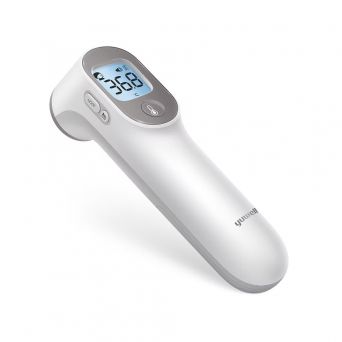 Yuwell YT-3 infrared forehead thermometer with digital LCD screen showing temperature reading, featuring contact-free design in sleek white finish.
