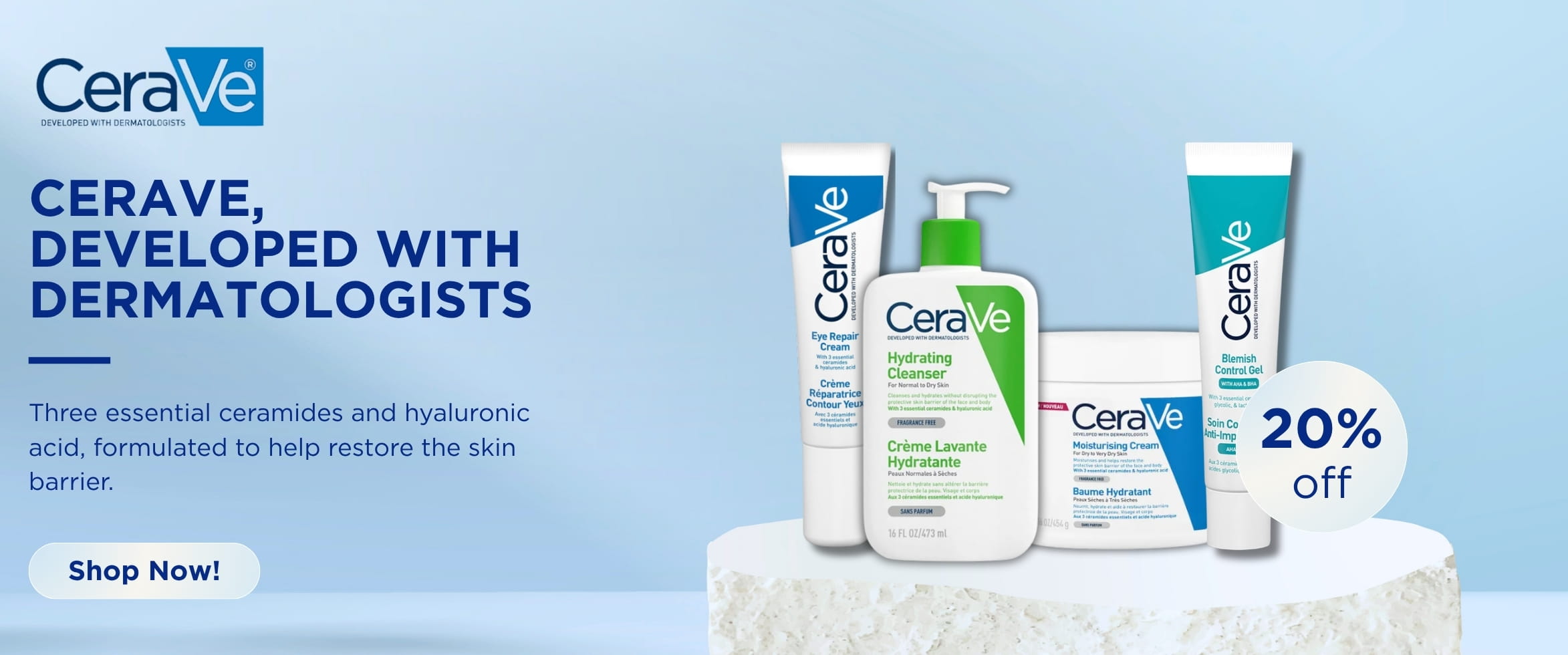 CeraVe ceramide skincare 20% off: hydrating cleanser, moisturising cream and eye repair cream