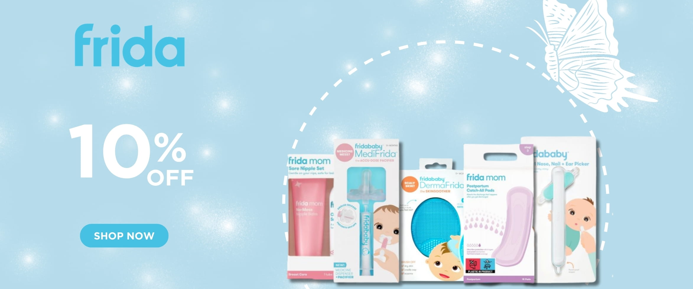 Frida baby and mom range 10% off: MediFrida pacifier, DermaFrida SkinSoother, postpartum pads and nipple balm