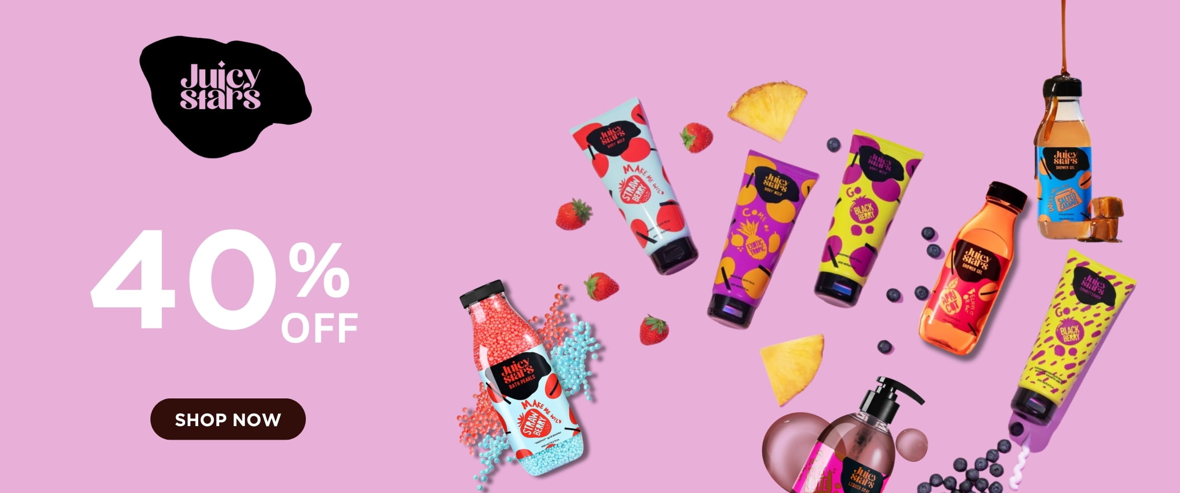 Juicy Stars body care 40% off: fruit-scented body milk, shower gel, bath pearls and liquid soap