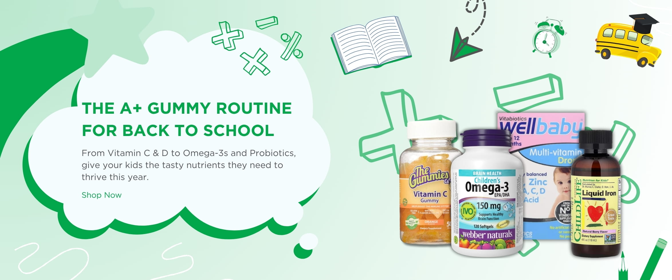 Kids gummy vitamins for back to school: probiotic and vitamin C gummies, omega-3 and Wellbaby drops